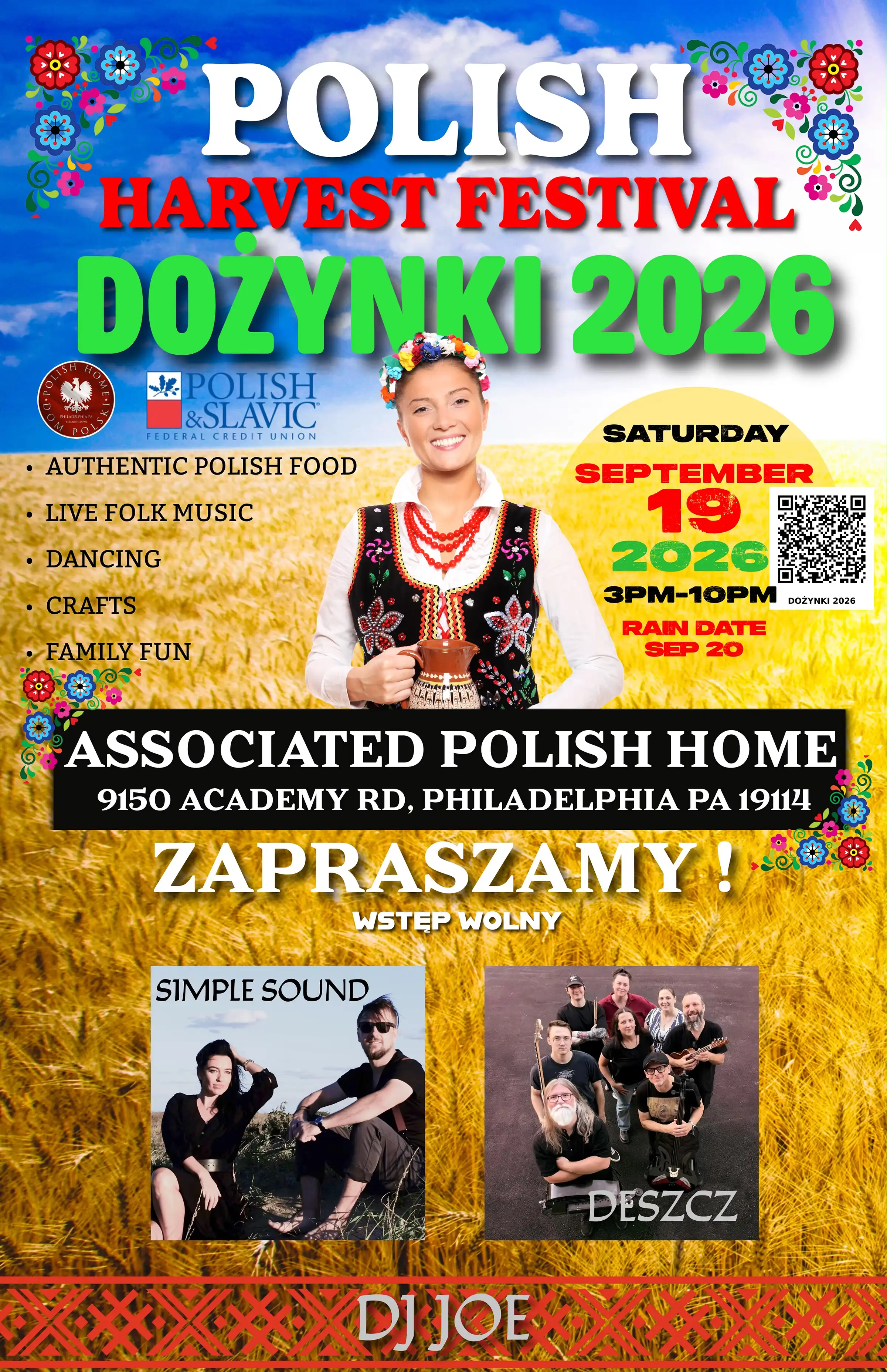 Plakat: Dożynki 2026 — Polish Harvest Festival, sobota 19 września 2026, 3PM–10PM, Associated Polish Home, 9150 Academy Rd, Philadelphia PA 19114, wstęp wolny